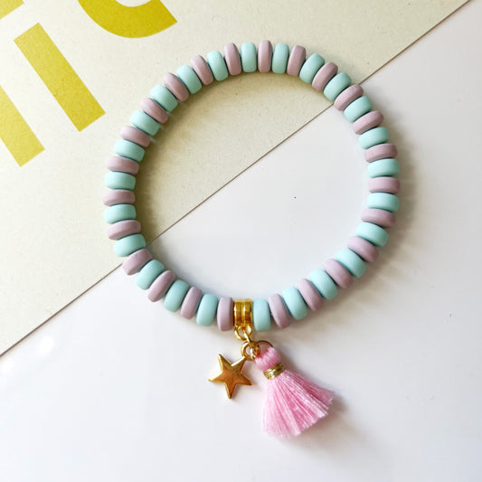 Polymer Perlen Armband Sommer Ibiza Style, hellblau lila, Armband mit Quaste