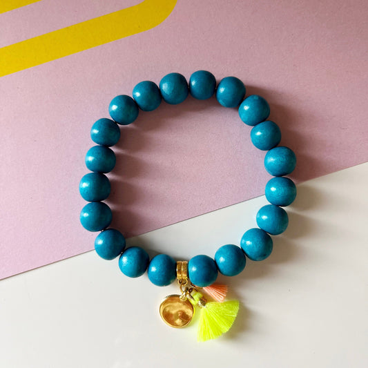 Holzperlen Armband Sommer, Azure Blau, Armband mit Quaste