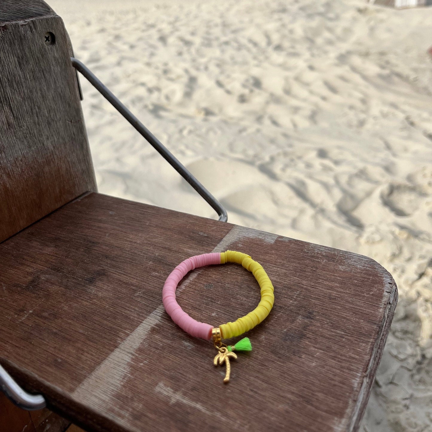 Katsuki Perlen Armband Sommer Ibiza Style, rosa, gelb, Armband mit Quaste, Katsuki Perlen 6 mm
