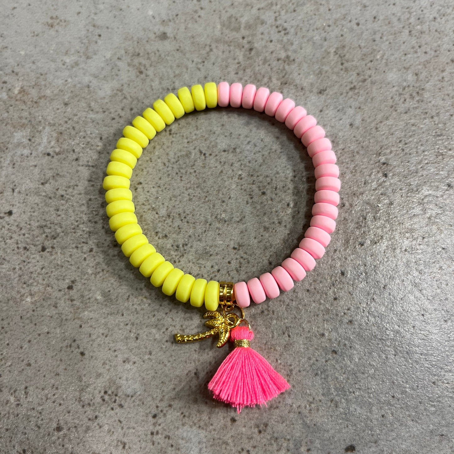 Polymer Perlen Armband Sommer Ibiza Style, Neongelb und rosa, Armband mit Quaste