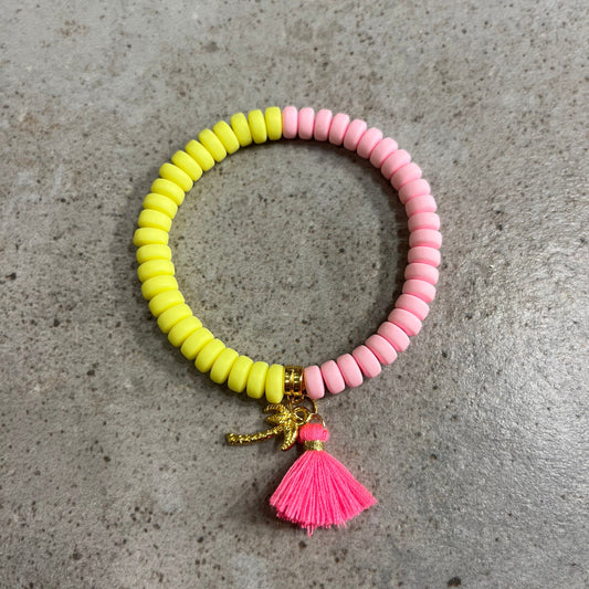 Polymer Perlen Armband Sommer Ibiza Style, Neongelb und rosa, Armband mit Quaste