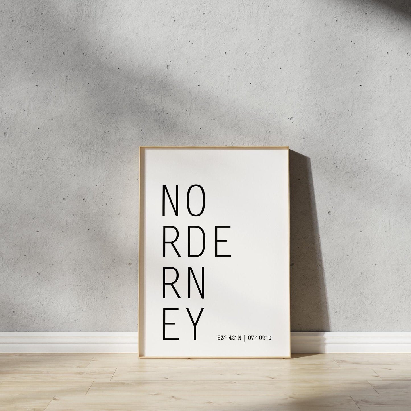 Poster, Schriftzug, "NORDERNEY", Koordinaten, Typografie, Designprint, Wallart, Wanddeko, Digitaldruck, Print, maritim, Norderney, Insel