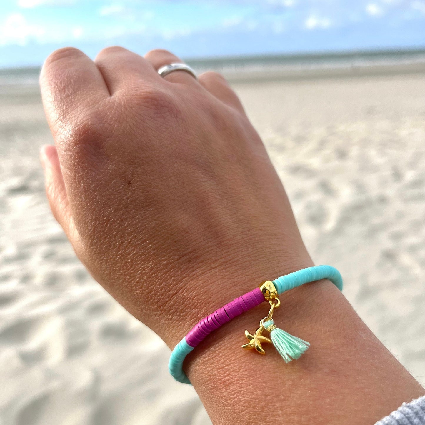Katsuki Perlen Armband Sommer Ibiza Style, Türkis, Lila, Peach, Armband mit Quaste, Katsuki Perlen 4 mm
