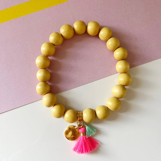 Holzperlen Armband Sommer, Gelb, Armband mit Quaste