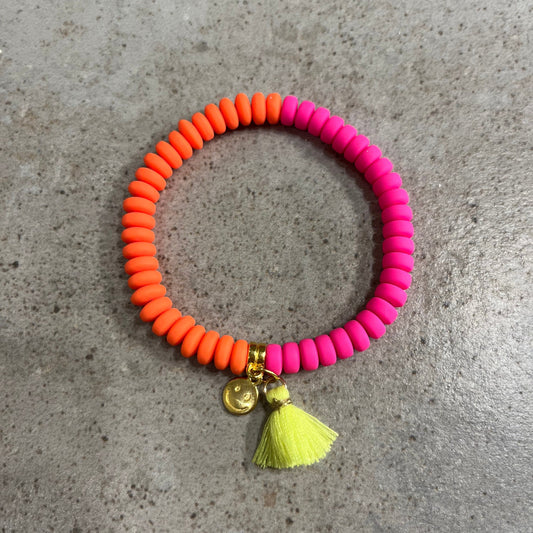 Polymer Perlen Armband Sommer Ibiza Style, neonpink und neonorange, Armband mit Quaste