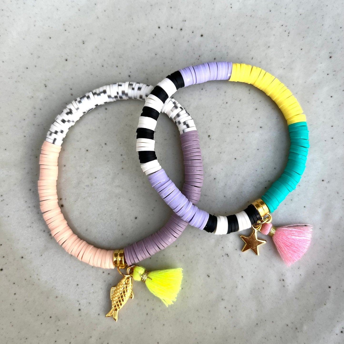 Katsuki Perlen Armband Sommer Ibiza Style, schwarz weiß gesprenkelt, lila, Peach, Katsuki Perlen 6 mm, Armband mit Qaste