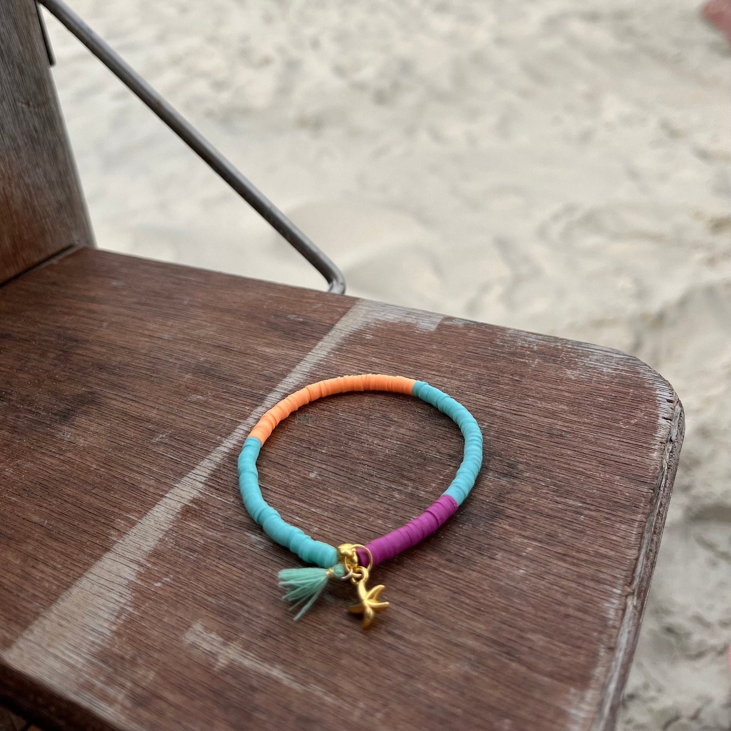 Katsuki Perlen Armband Sommer Ibiza Style, Türkis, Lila, Peach, Armband mit Quaste, Katsuki Perlen 4 mm