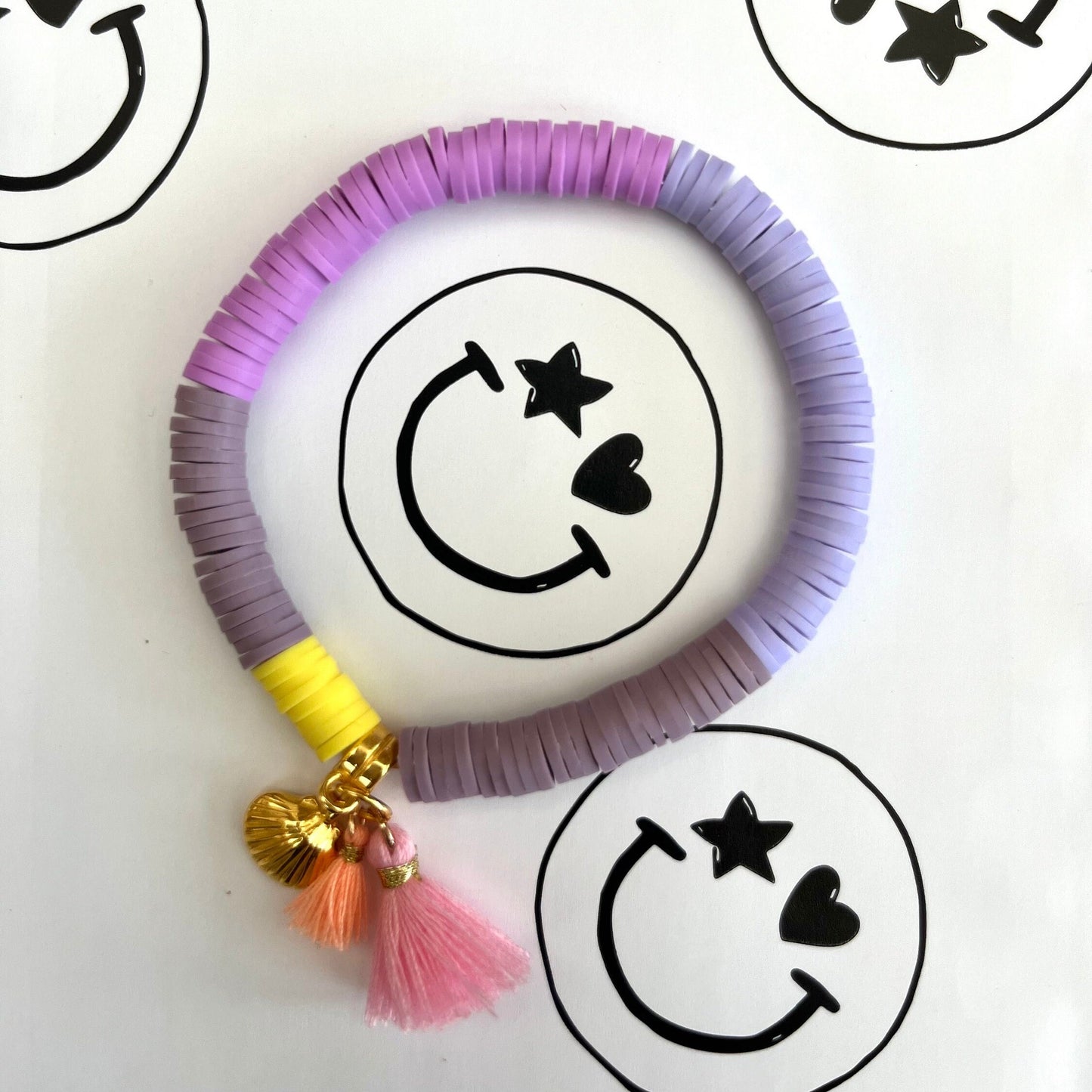 Katsuki Perlen Armband Sommer Ibiza Style, lila und gelb, Polymer Perlen, Katsuki Perlen 6 mm, Armband mit Quaste