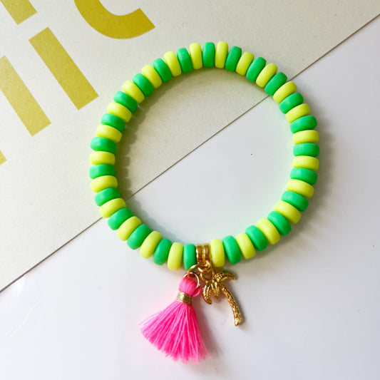 Polymer Perlen Armband Sommer Ibiza Style, neon grün und neon gelb, Armband mit Qauste