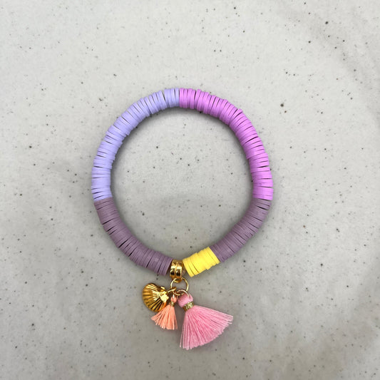 Katsuki Perlen Armband Sommer Ibiza Style, lila und gelb, Polymer Perlen, Katsuki Perlen 6 mm, Armband mit Quaste