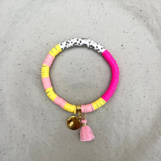Katsuki Perlen Armband Sommer Ibiza Style, pink gelb rosa, schwarz weiß gesprenkelt, Katsuki Perlen 6 mm, Armband mit Quaste