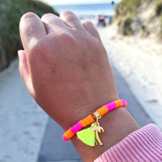 Katsuki Perlen Armband Sommer Ibiza Style, Neon Pink und Neon Orange, Katsuki Perlen 6 mm, Armband mit Quaste