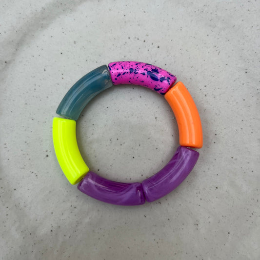 Tubeperlen Armreif Sommer Ibiza Style, gebogene Acrylperlen, Lila, Neon Gelb, Orange
