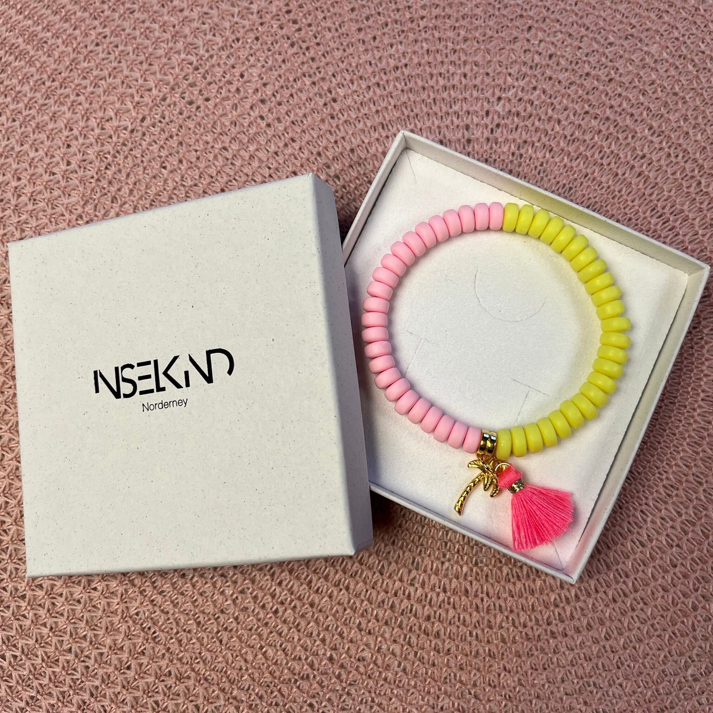 Polymer Perlen Armband Sommer Ibiza Style, Neongelb und rosa, Armband mit Quaste