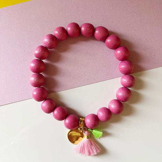Holzperlen Armband Sommer, pink, Armband mit Quaste