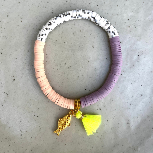 Katsuki Perlen Armband Sommer Ibiza Style, schwarz weiß gesprenkelt, lila, Peach, Katsuki Perlen 6 mm, Armband mit Qaste