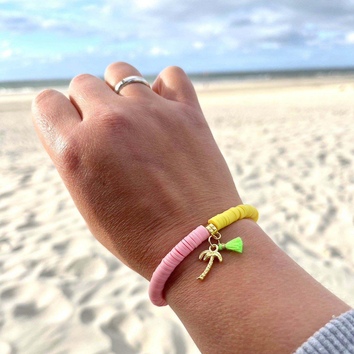 Katsuki Perlen Armband Sommer Ibiza Style, rosa, gelb, Armband mit Quaste, Katsuki Perlen 6 mm